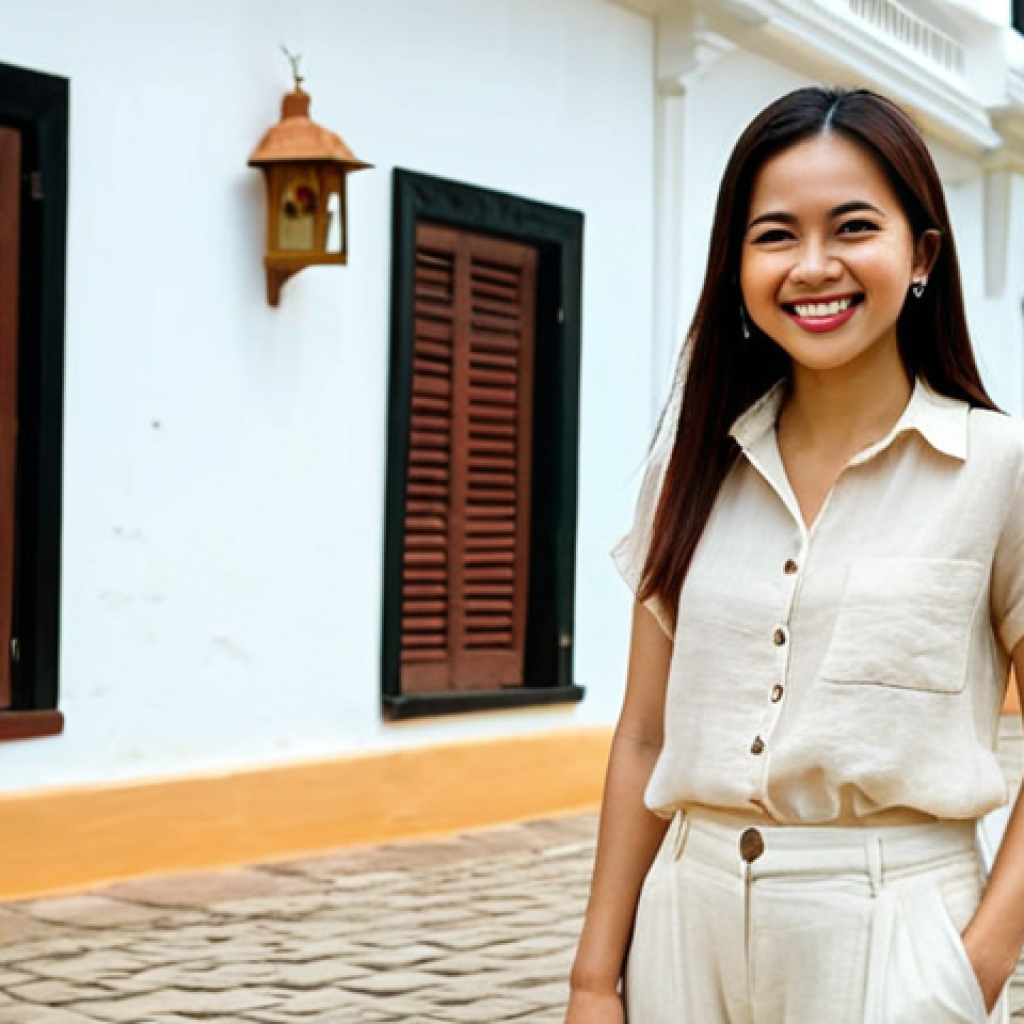 **

Prompt: Malaysian woman smiling, wearing a light beige linen blouse and white linen pants, standing in front of a Melaka historical building. Bright sunlight, tropical setting, airy and comfortable clothing. Focus on breathability and style.

**