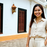 **

Prompt: Malaysian woman smiling, wearing a light beige linen blouse and white linen pants, standing in front of a Melaka historical building. Bright sunlight, tropical setting, airy and comfortable clothing. Focus on breathability and style.

**