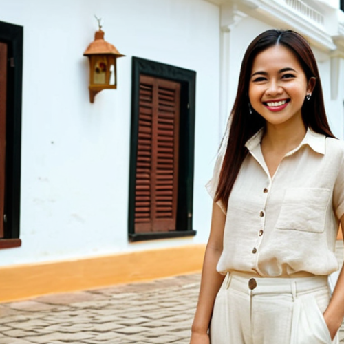 Home 4 **
Prompt: Malaysian woman smiling, wearing a light beige linen blouse and white linen pants, standing in front of a Melaka historical building. Bright sunlight, tropical setting, airy and comfortable clothing. Focus on breathability and style.
**