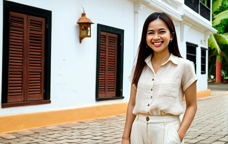 **
Prompt: Malaysian woman smiling, wearing a light beige linen blouse and white linen pants, standing in front of a Melaka historical building. Bright sunlight, tropical setting, airy and comfortable clothing. Focus on breathability and style.
**